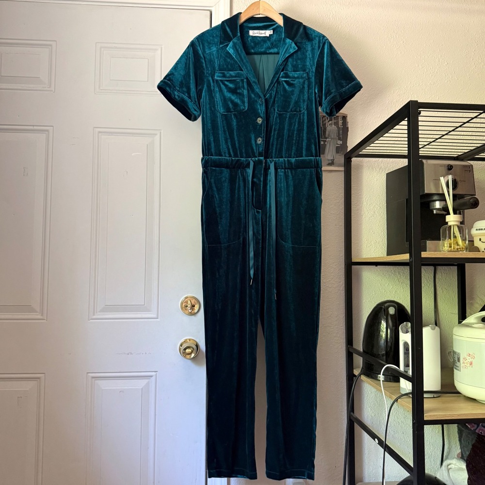 RACHEL ANTONOFF teal blue velvet short sleeve button up straight leg jumpsuit
